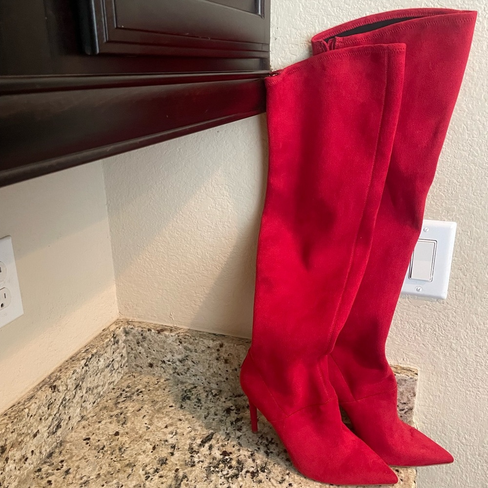 Jennifer Lopez Red Suede Above Knee-High Boots